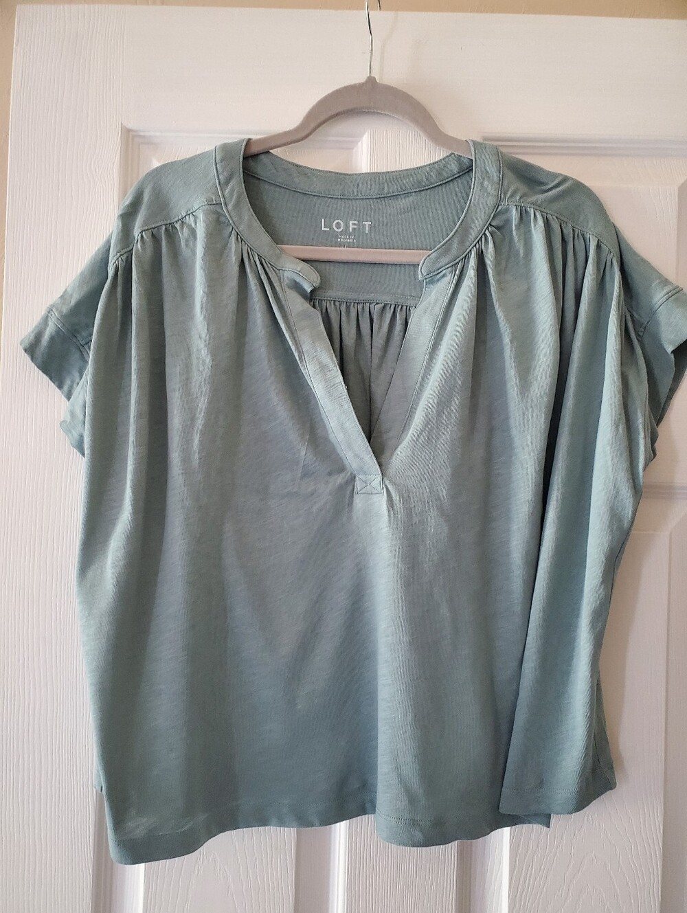 LOFT Split Neck Mixed Media Top In Wild Agave-size Large